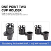 A black cup holder product showing a detachable bracket shaft that allows one slot to be used for two cups.