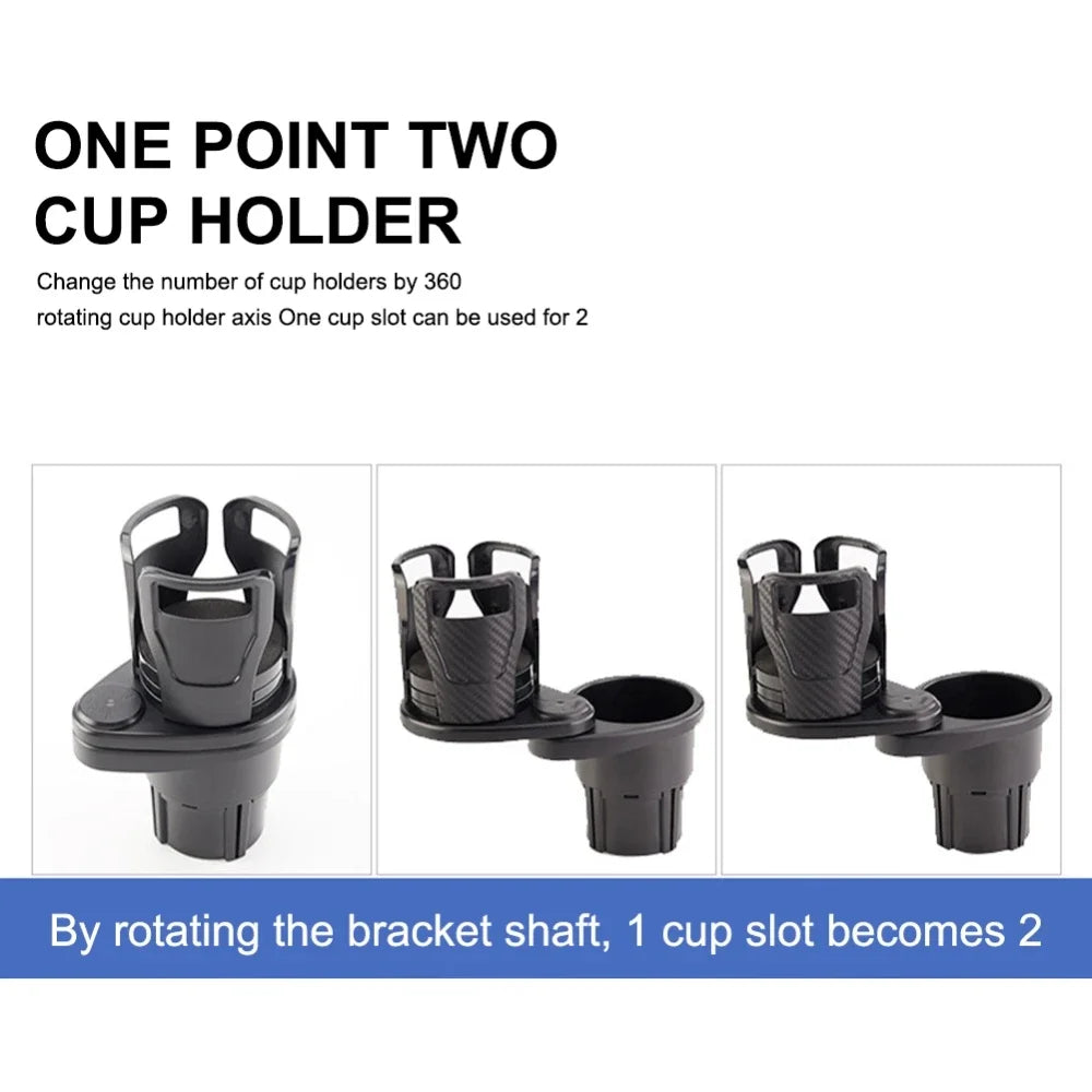 A black cup holder product showing a detachable bracket shaft that allows one slot to be used for two cups.