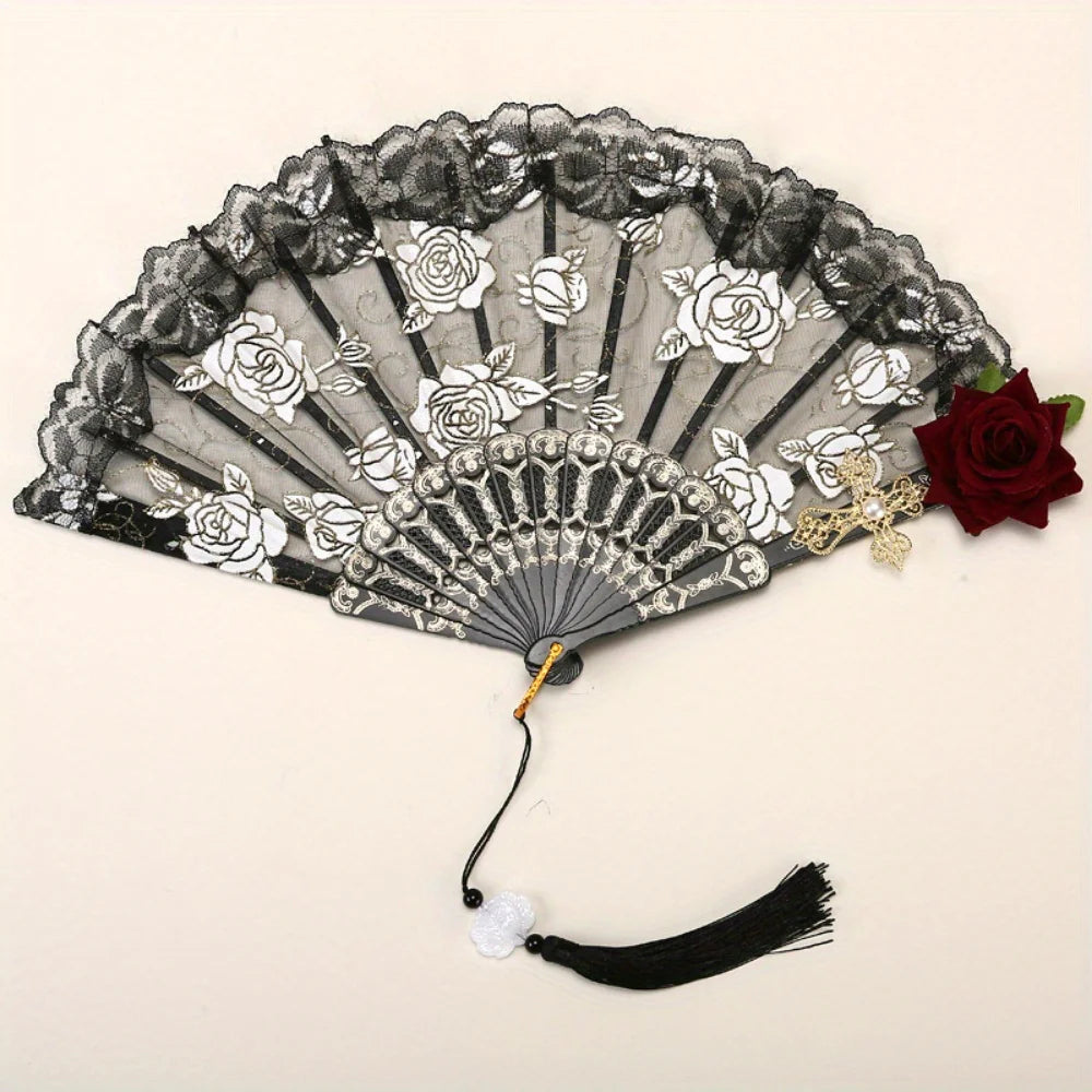 Vintage spanische Flamenco-Rose-Spitze mit Handfächer in schwarz-weißen Blumenmustern