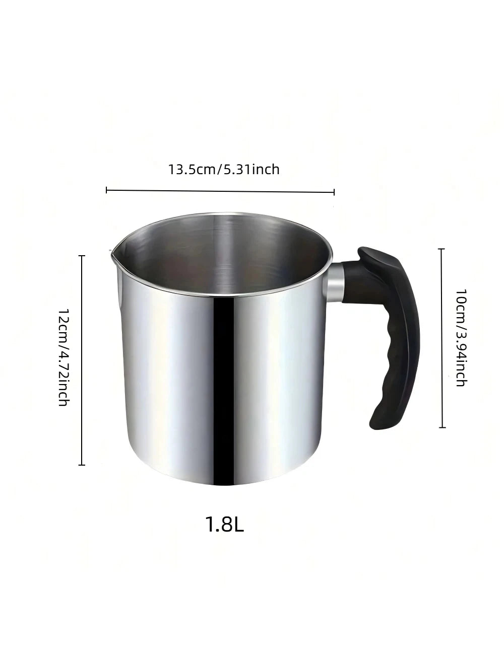 A stainless steel wax melting pitcher with a black heat-resistant handle, measuring 13.5cm in diameter and 12cm high.