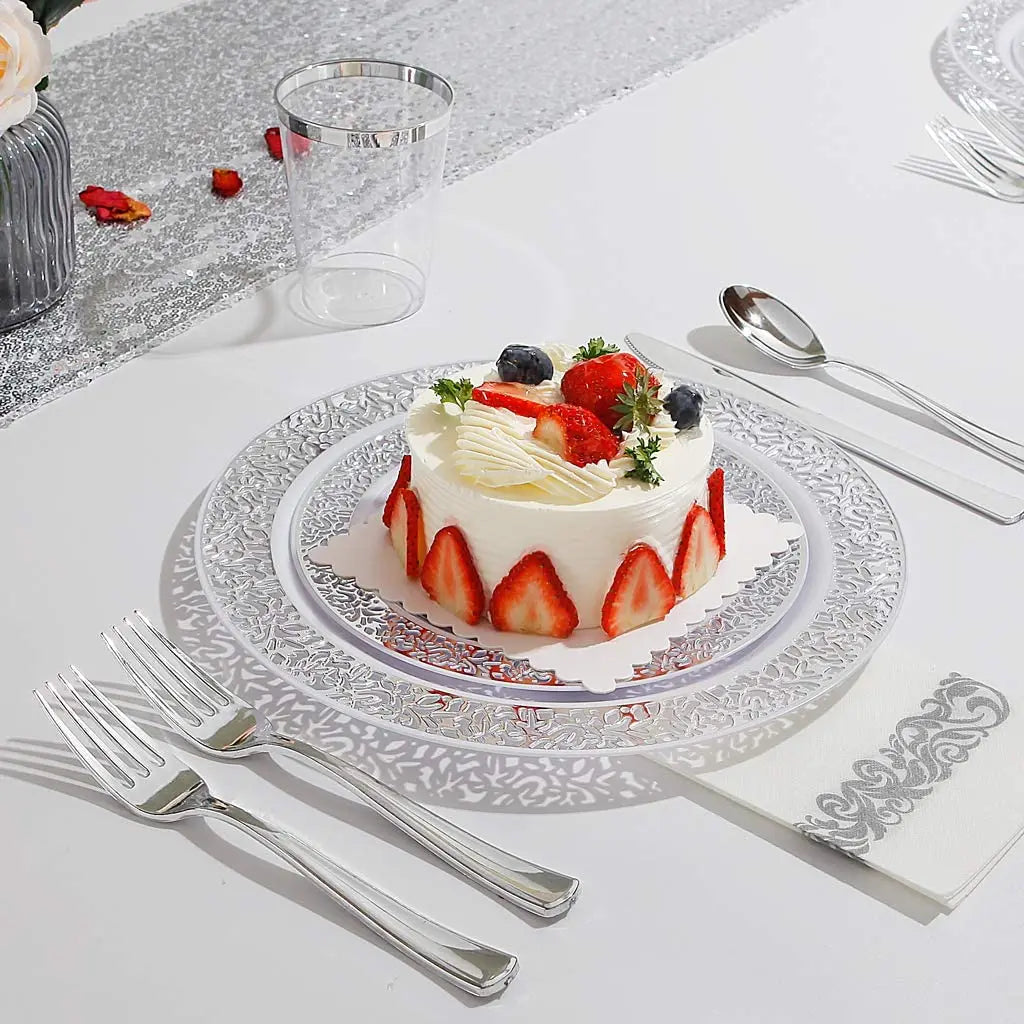 Elegant White Disposable Dinner Plates with Silver Lace Design