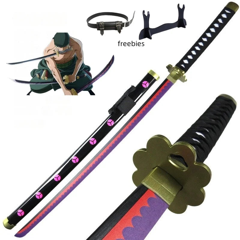 A cosplay sword replica of Roronoa Zoro's katana with a black sheath and gold hilt.