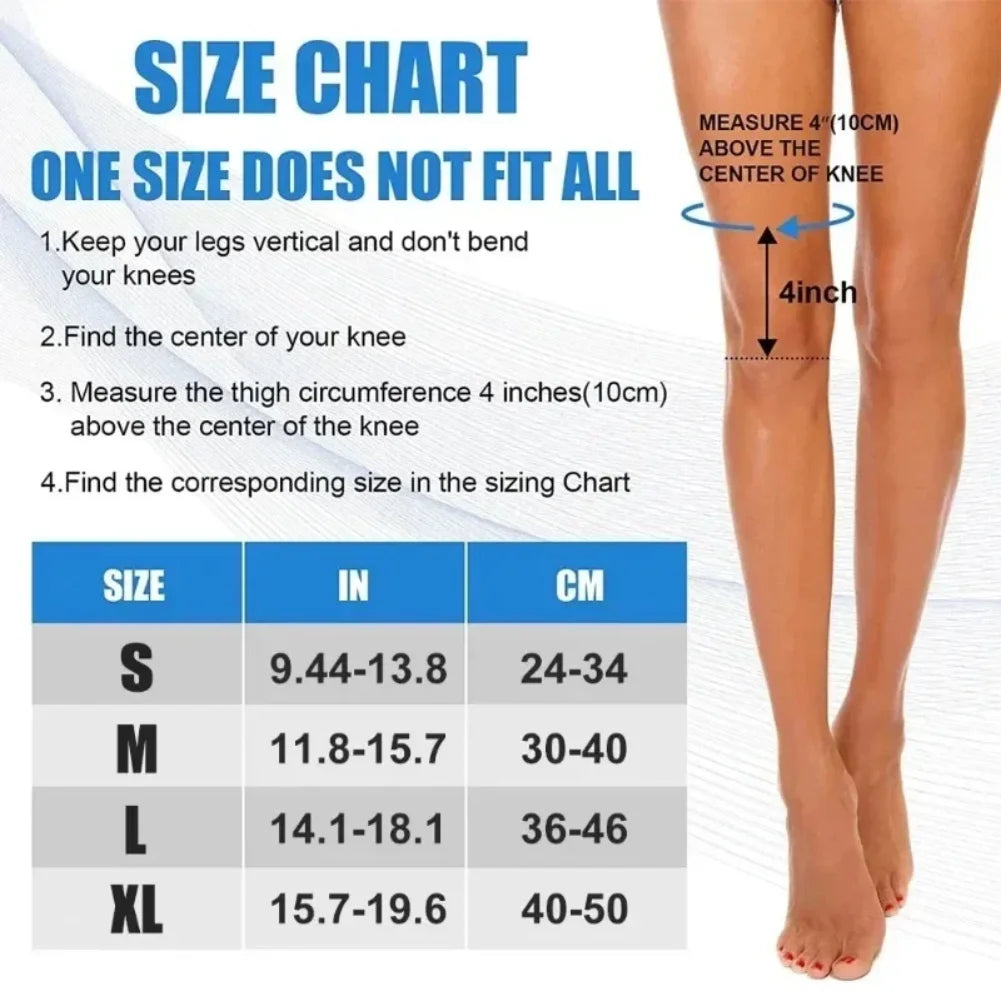 Size chart and diagram showing how to measure for thick cushioned knee pads