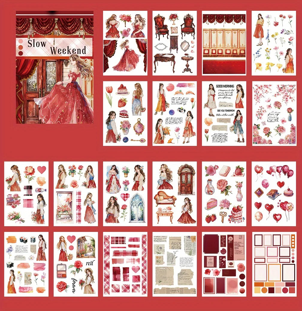 A collection of aesthetic stickers and illustrations featuring women, flowers, and vintage themes for a sticker book.