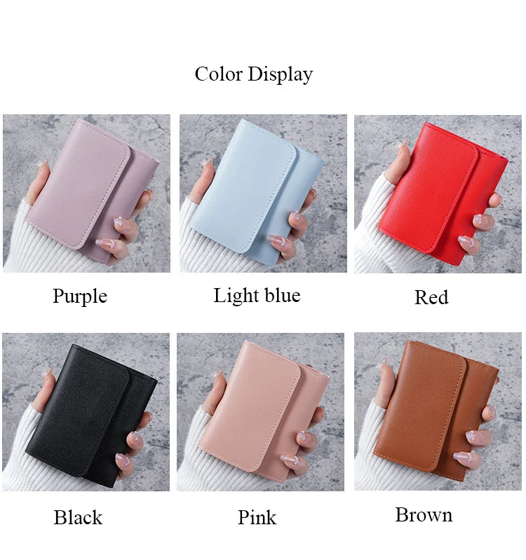 A display of slim triple-fold PU leather wallets in various colors including purple, light blue, red, black, pink, and brown.