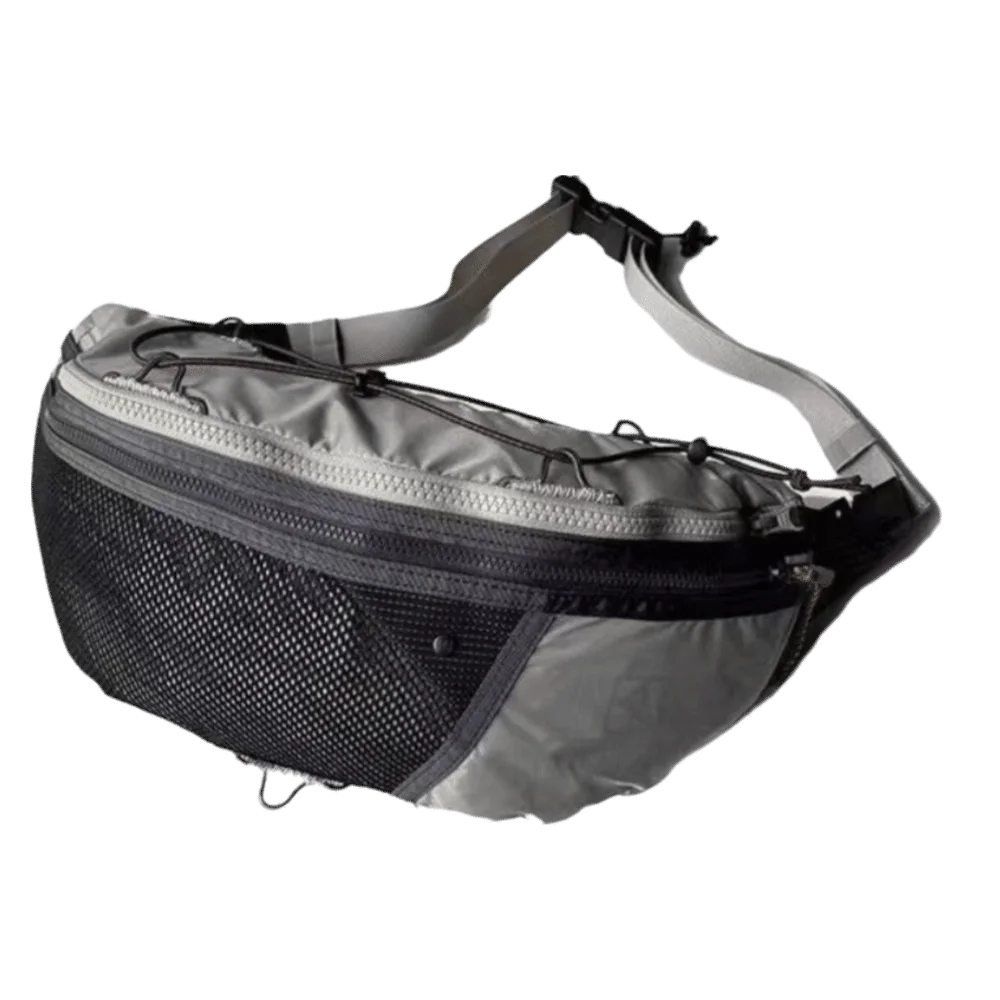 A black nylon crossbody bag with a gray adjustable sling strap.