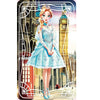 A digital illustration of a princess character in a light blue dress and crown, set against an urban background.