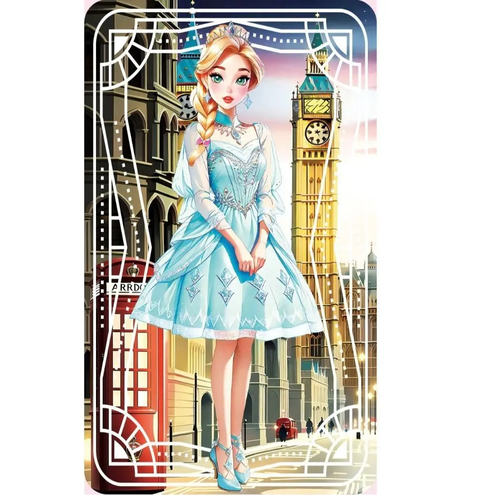 A digital illustration of a princess character in a light blue dress and crown, set against an urban background.