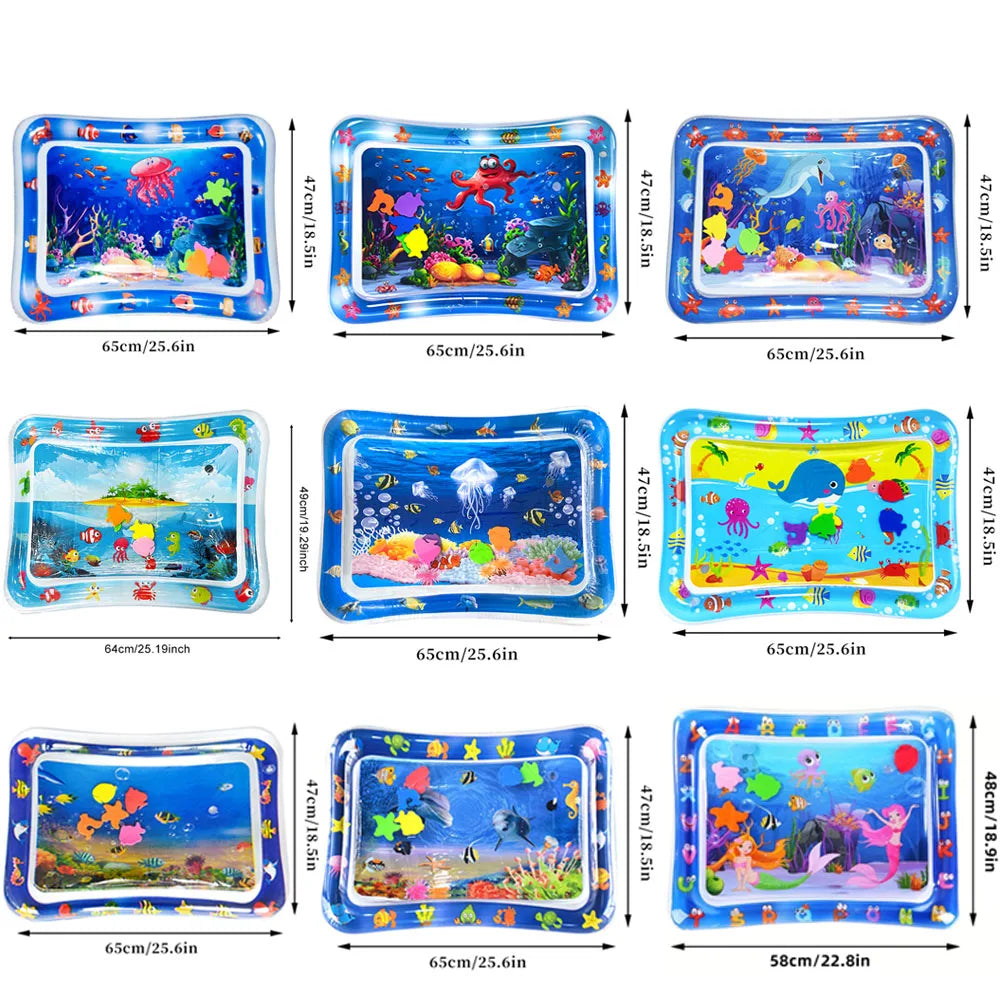 Colorful inflatable baby water play mat featuring floating toys and a decorative border.