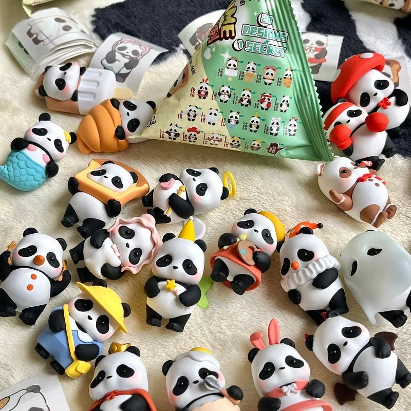 A collection of blind box panda figures in various poses and colors scattered on a light background.