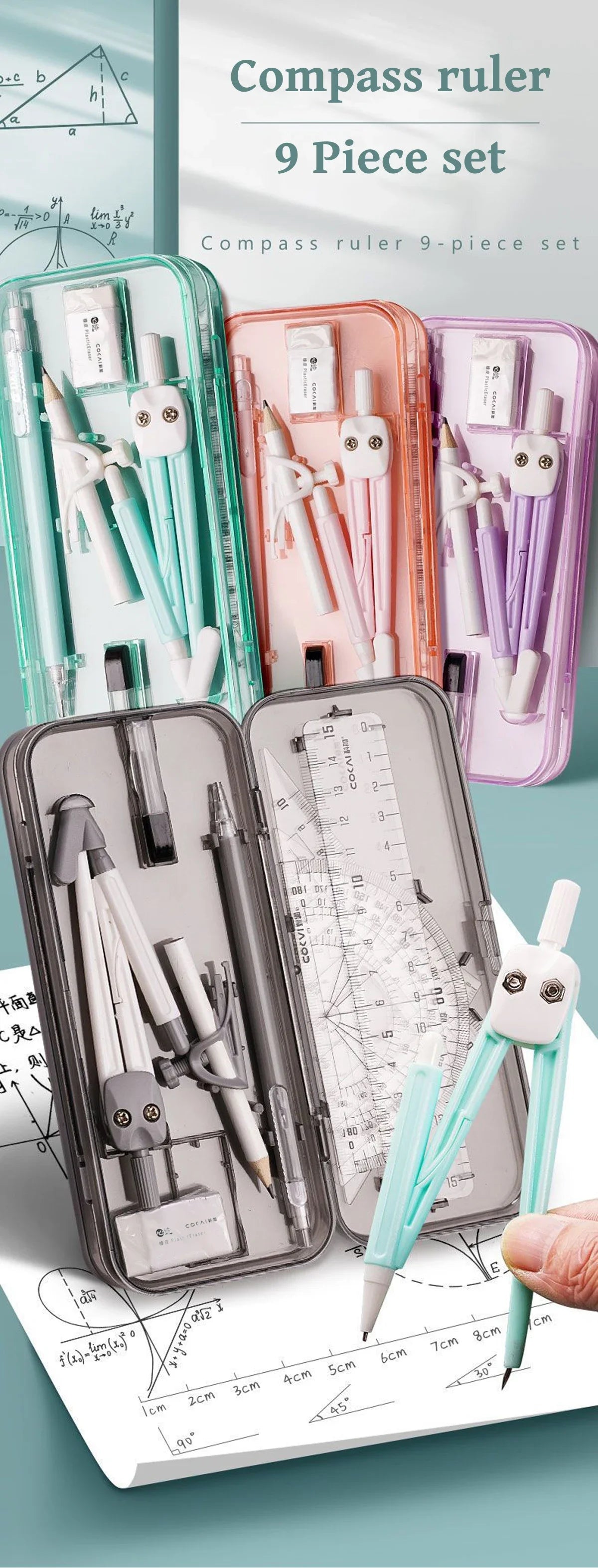 A set of nine compass rulers and drawing tools in various colors stored in pink, teal, and gray cases.
