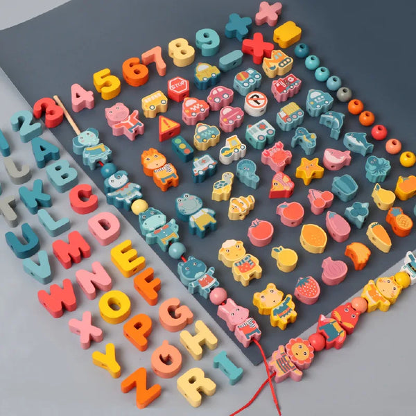 A colorful wooden lacing beads set featuring animal, fruit, letter, and number shapes arranged in a triangular pattern.