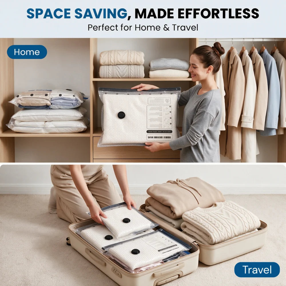 A woman is shown using space-saving vacuum storage bags for clothing in a home setting and packing them into a travel suitcas