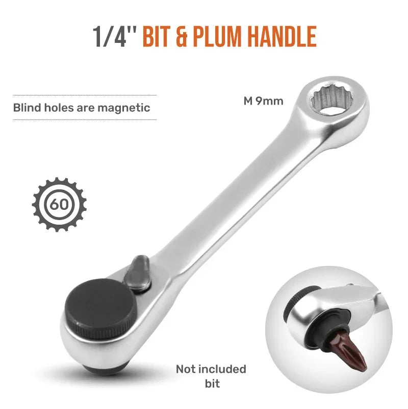 Compact 2-in-1 Ratchet Wrench with Socket and Bit Drives