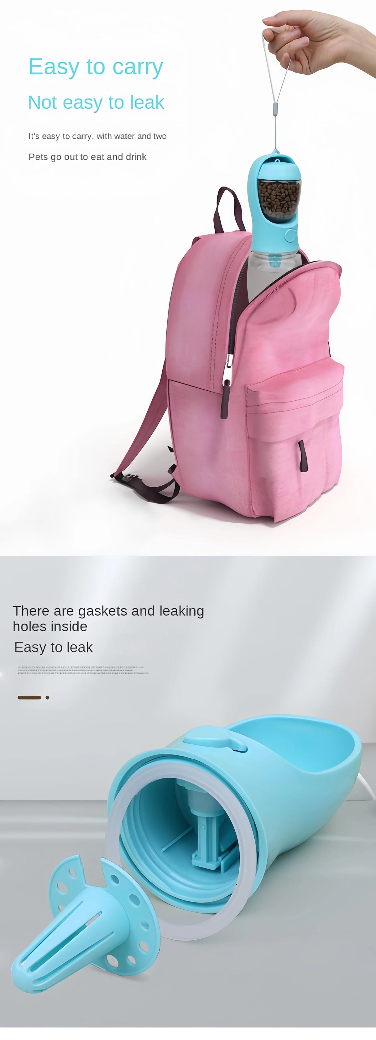 A pink portable pet water bottle and food storage bag with a clear water bottle visible.