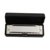 A silver 10-hole 20-tone harmonica in C key inside a black carrying case.
