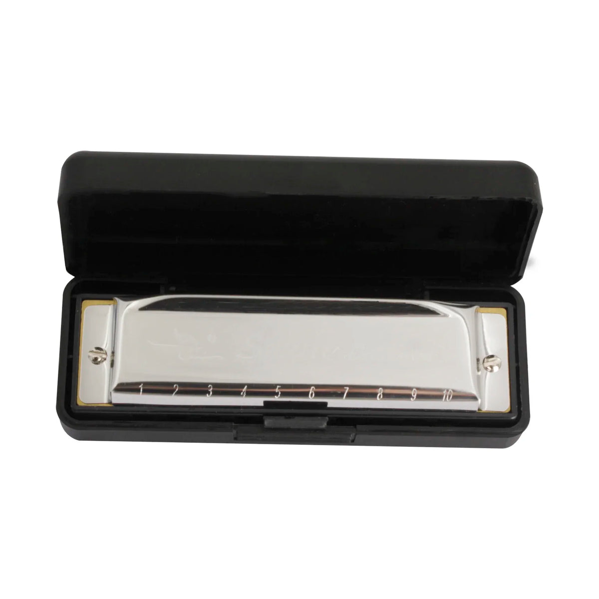 A silver 10-hole 20-tone harmonica in C key inside a black carrying case.