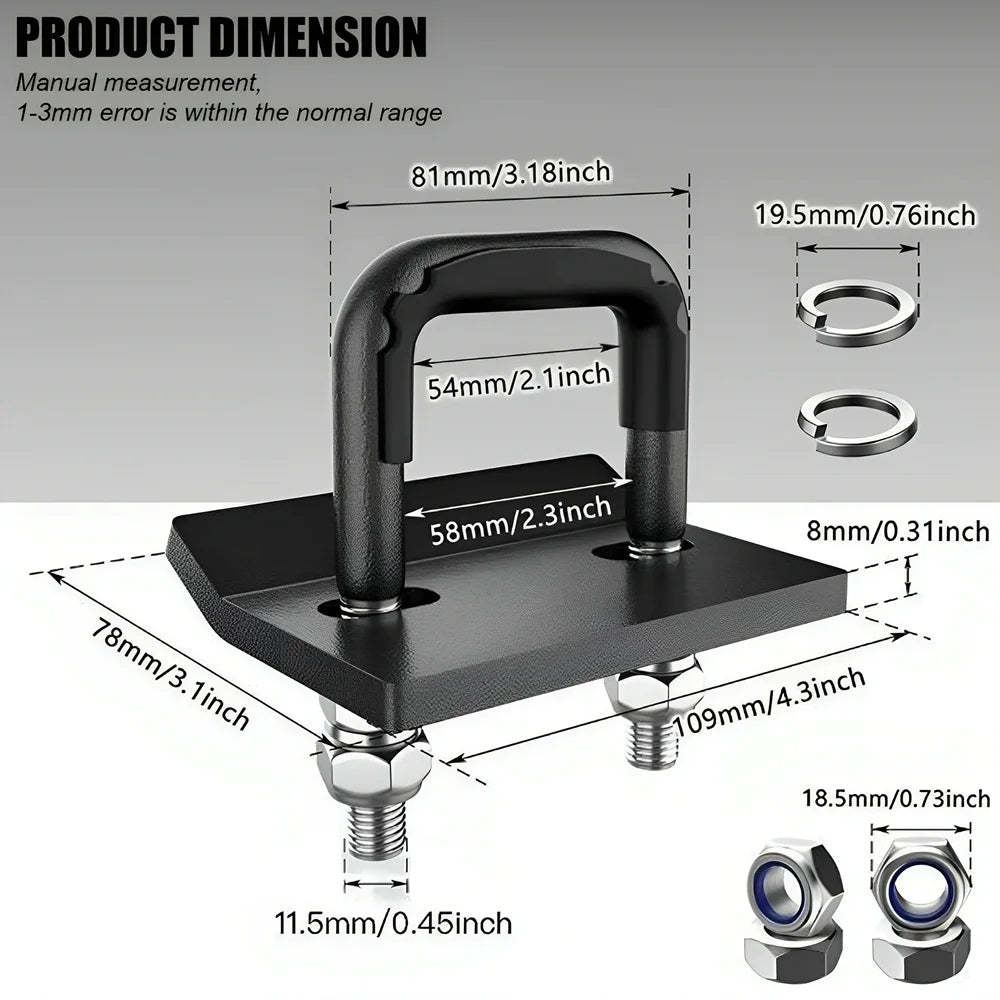 A black heavy duty anti-rattle hitch tightener clamp with a curved handle and mounting hardware.