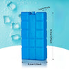 A stack of bright blue reusable gel ice blocks for coolers, shown next to ice cubes.
