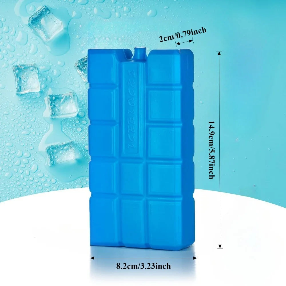 A stack of bright blue reusable gel ice blocks for coolers, shown next to ice cubes.