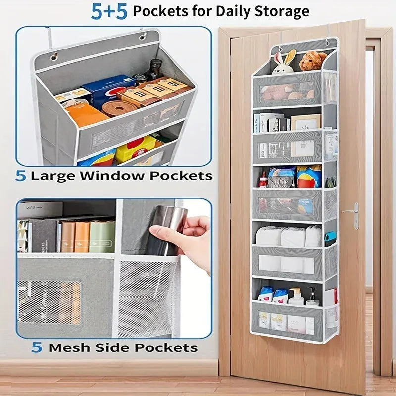 A wooden cabinet door shows a storage organizer with 5 large window pockets, 5 mesh side pockets, and 5 small storage pockets