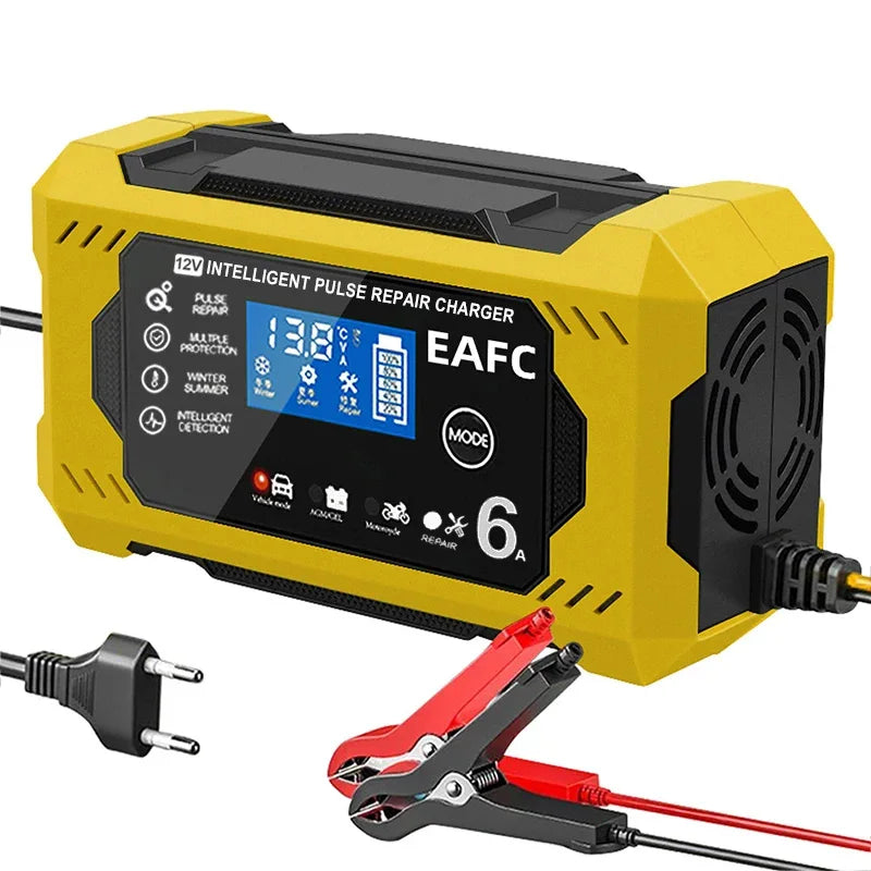 A yellow 12V intelligent pulse repair charger with an LCD display and a red clamp is shown.