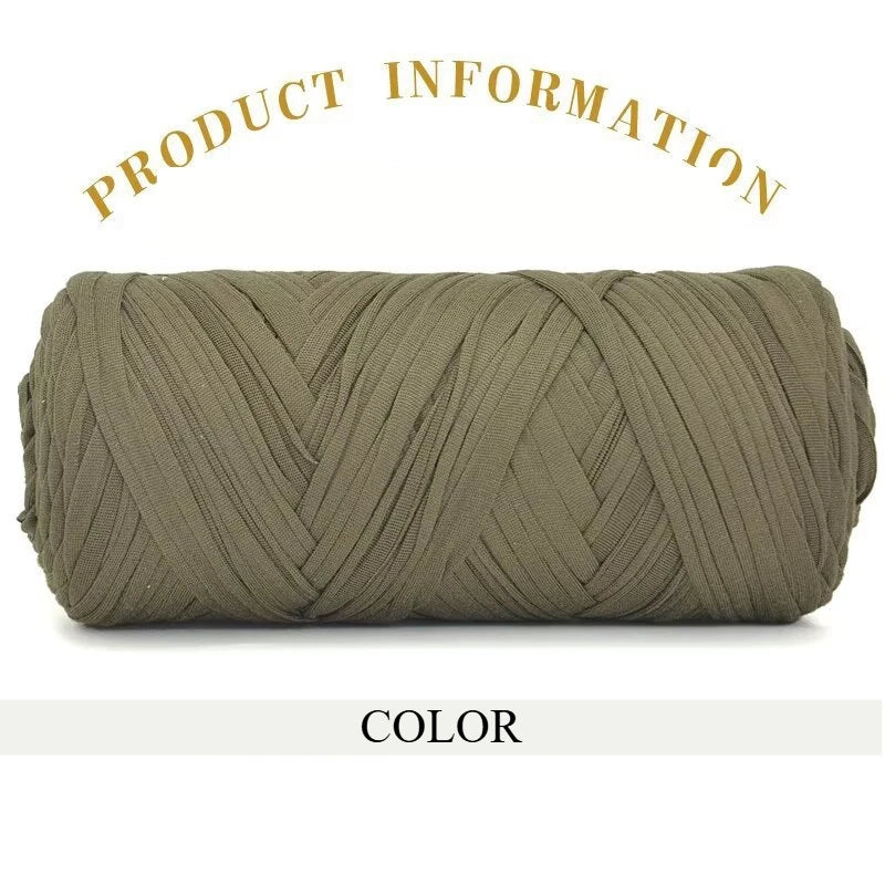 A skein of thick olive green polyester blend yarn for knitting and crochet.