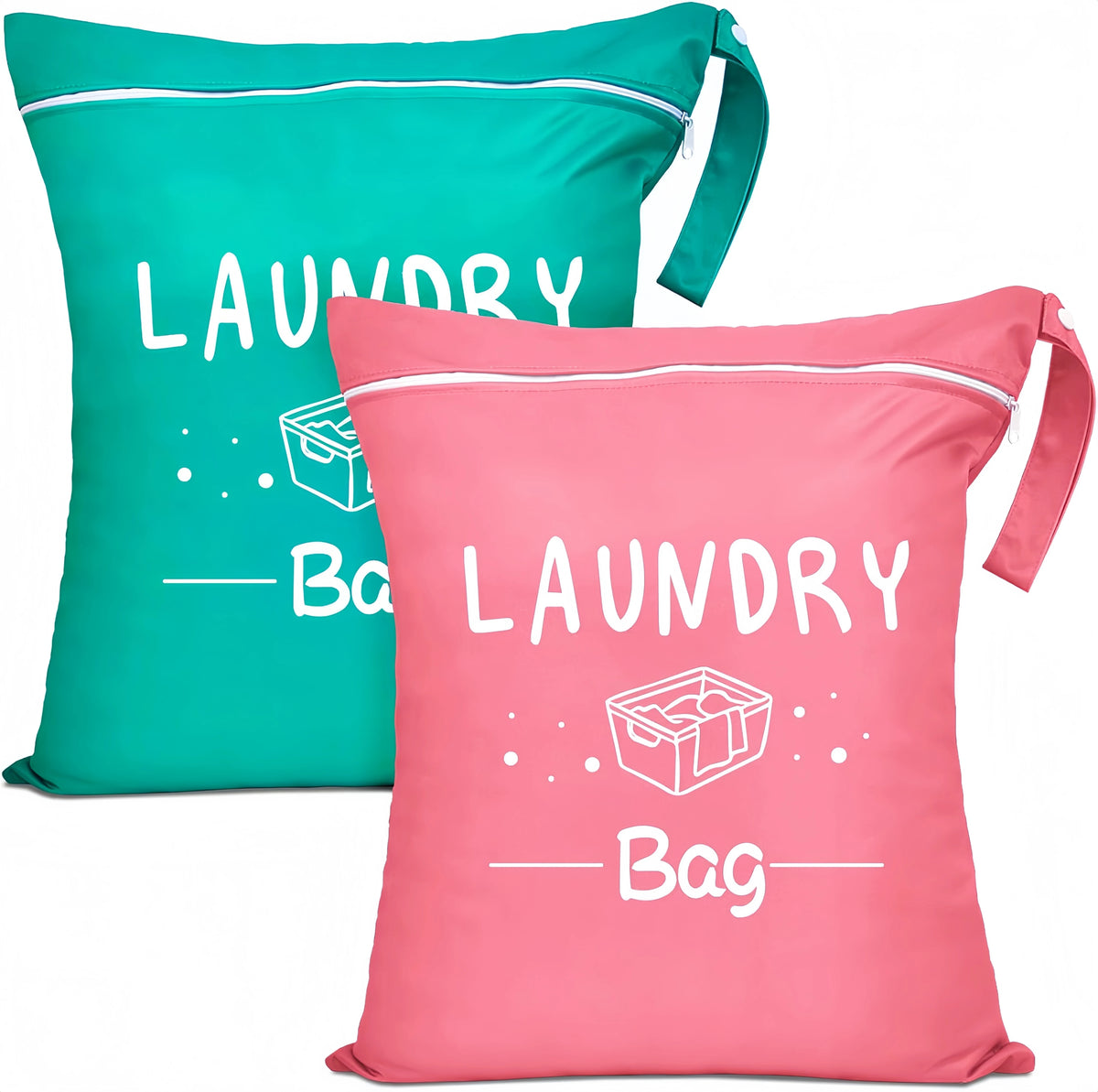 Pink and teal portable waterproof laundry bags for travel, gym, or beach use