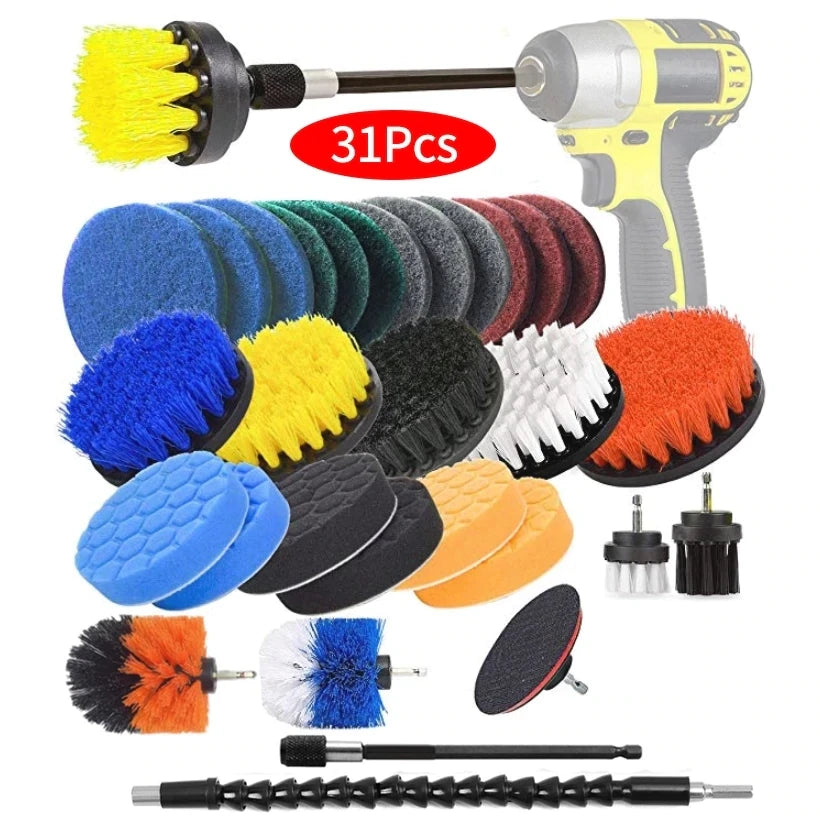 A collection of 31 drill brush cleaning tools including various bristles, foam pads, and extensions for detailing.