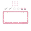 A crystal rhinestone license plate frame with two screw caps and various rhinestone components.