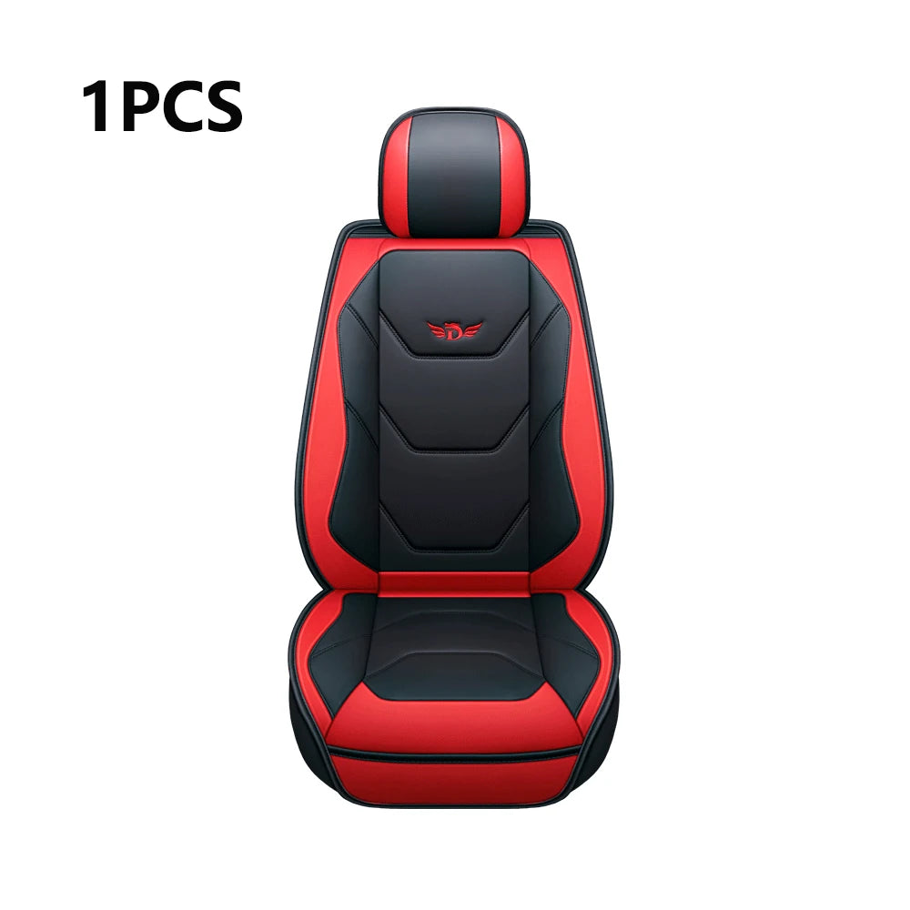 One piece of black and red leather car seat covers with a headrest.