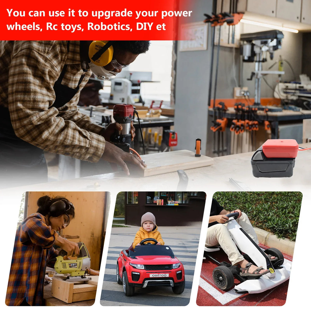A person is using a power tool battery adapter with a fuse and switch to upgrade power wheels on an RC toy.