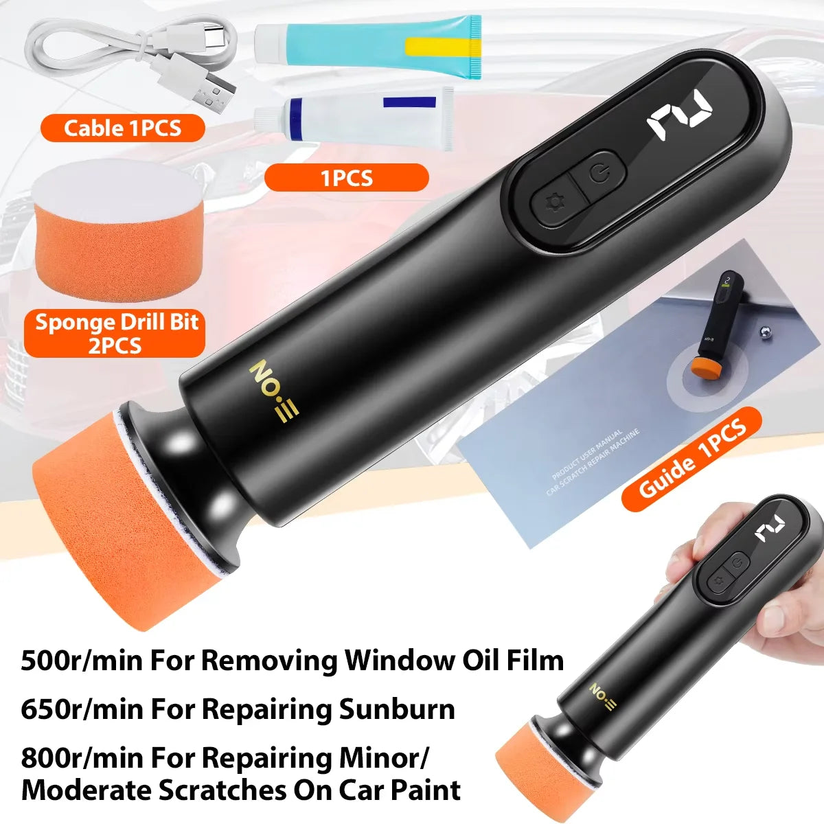 A black portable car polisher tool with an orange sponge drill bit and a guide shown next to various accessories.