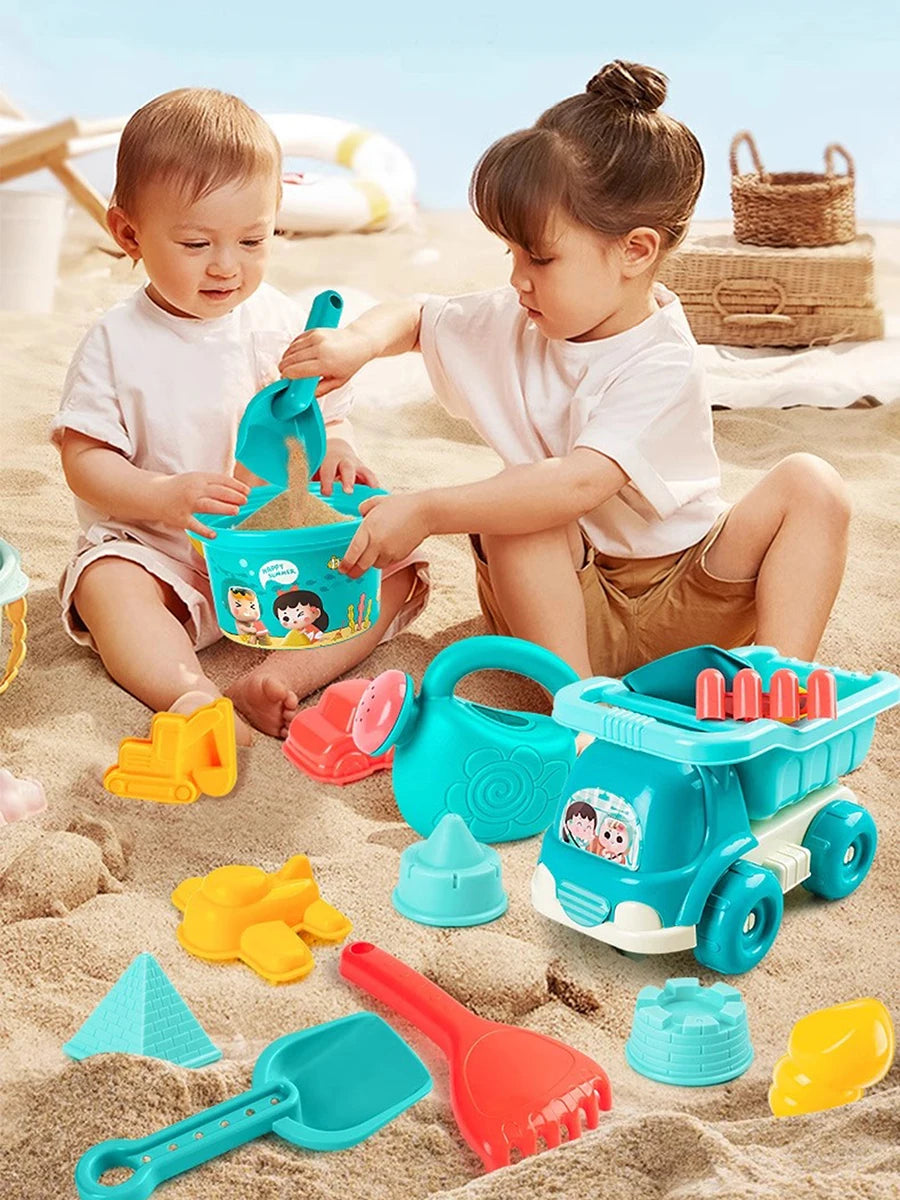 A set of 18 plastic beach and sand toys including shovels, cups, and molds for children playing in the sand.