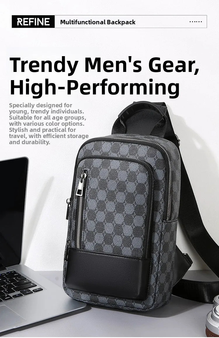 Men's Waterproof PU Leather Crossbody Bag with Geometric Pattern