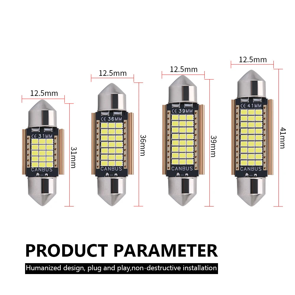 A set of Canbus LED festoon bulbs for car interior and license plate lights shown with various dimensions.
