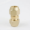 A brass copper pipe extension fitting with flare nuts, shown in a top-down view.