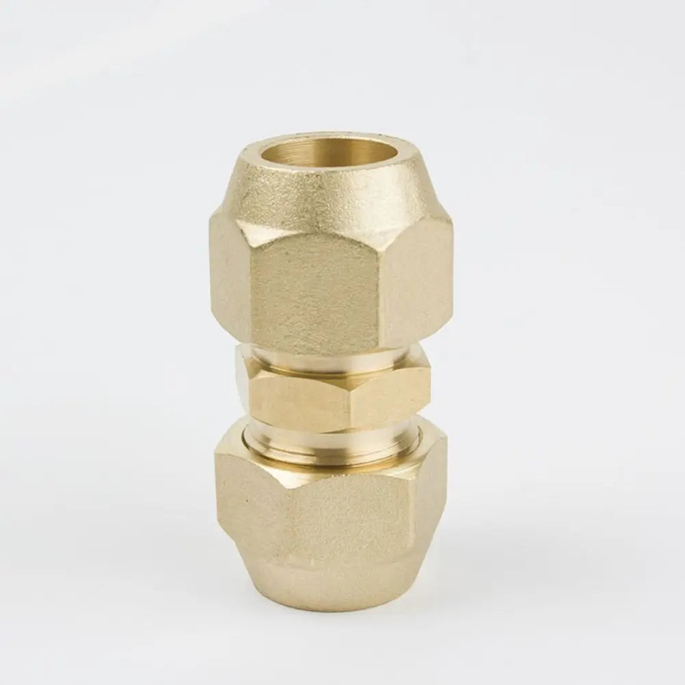 A brass copper pipe extension fitting with flare nuts, shown in a top-down view.
