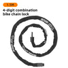 A black 4-digit combination bike chain lock with a key and a coil of cable.