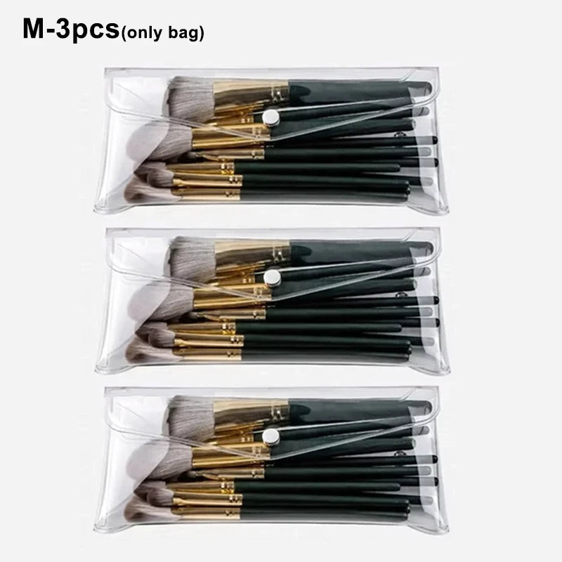 Three sets of makeup brushes stored in transparent cosmetic bags for waterproof storage