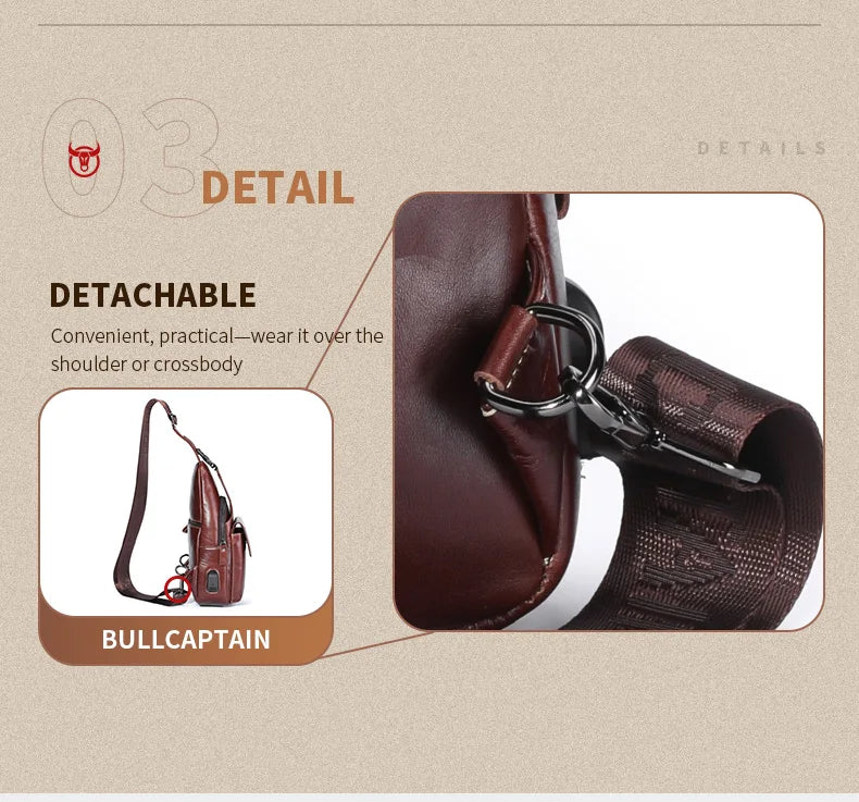 Men's Genuine Leather Sling Backpack with USB Charging Port