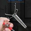 A hand is using a spring pipe grappling hook tool to clear a drain, demonstrating the quick pass method.