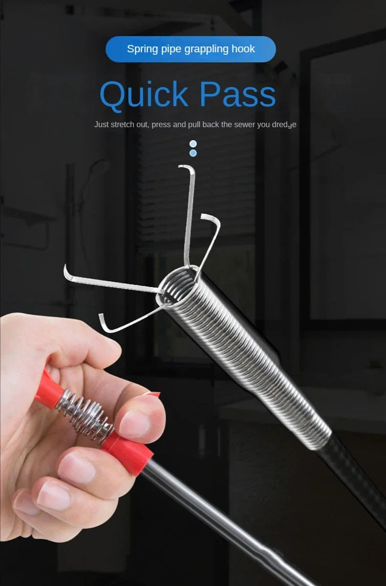 A hand is using a spring pipe grappling hook tool to clear a drain, demonstrating the quick pass method.