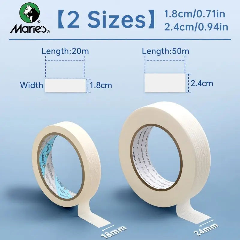 Two rolls of Marie's decorative paper tape, one 20m long and one 50m long, showing the width dimensions.