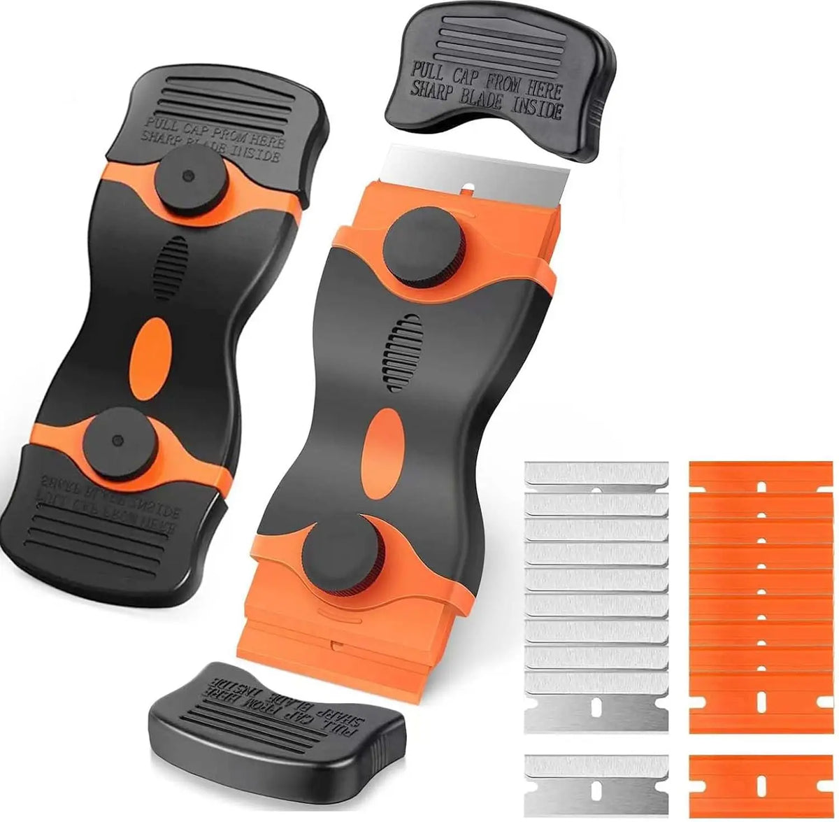 A set of multi-purpose razor blade scraper tools in black and orange plastic.