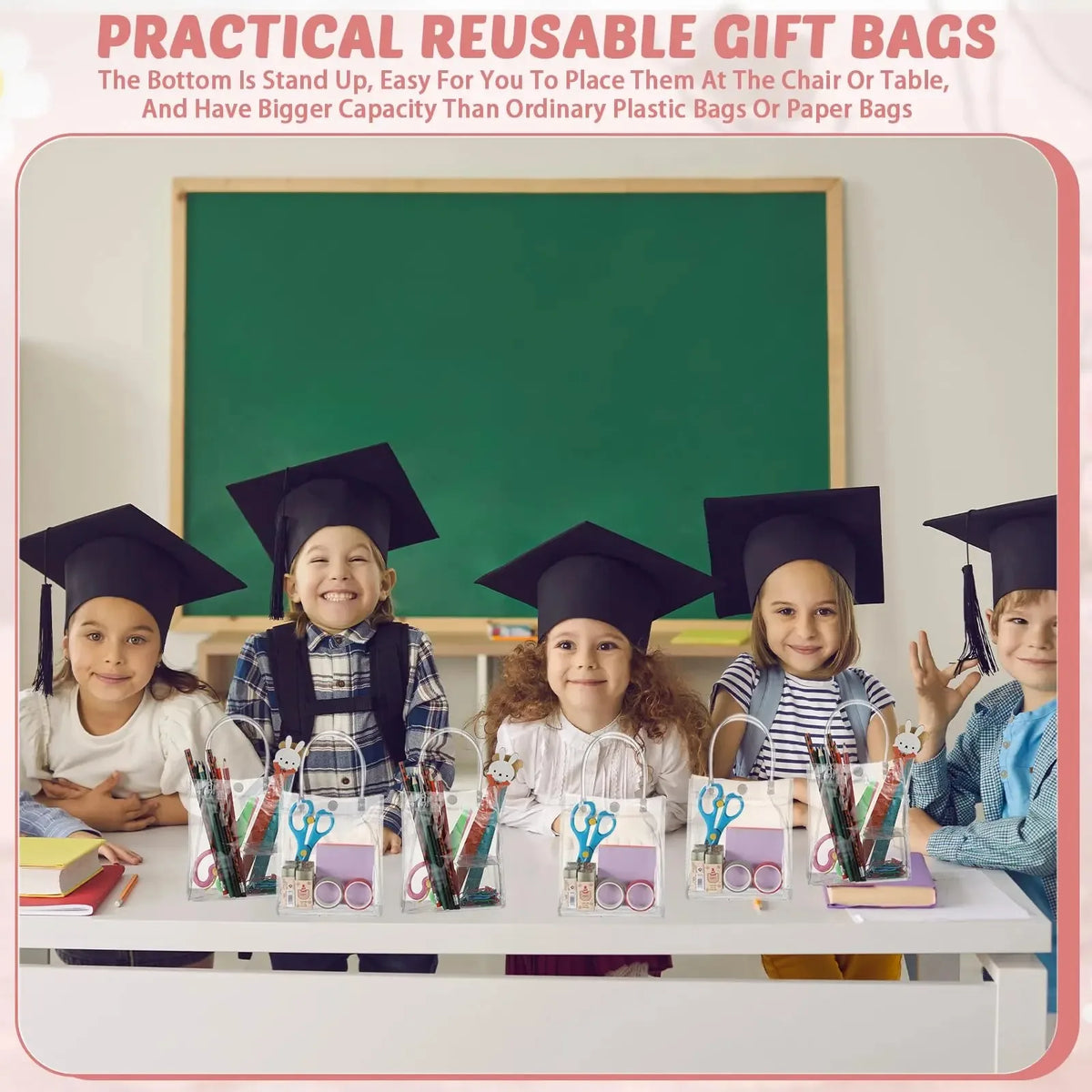 A group of elementary school students holding transparent PVC gift tote bags with hand loops.