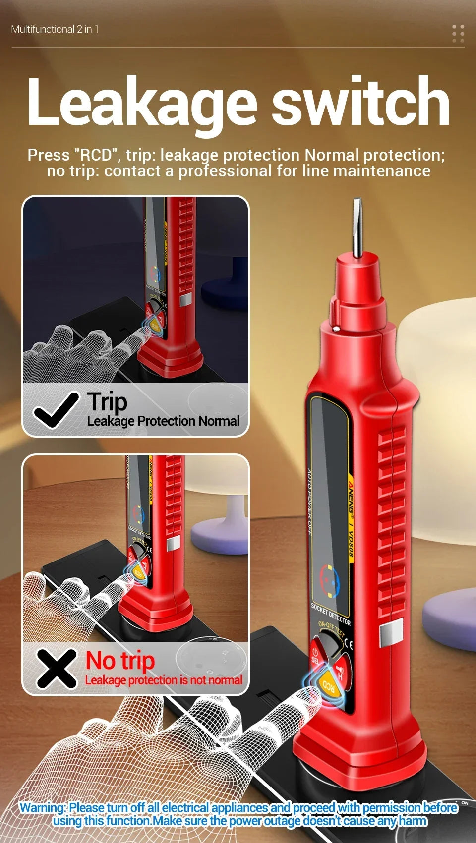 Socket Tester with AC/DC Voltage Detection and Polarity Check