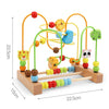A wooden bead maze toy for toddlers featuring colorful beads and arches on a wooden base.