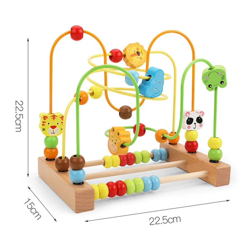 A wooden bead maze toy for toddlers featuring colorful beads and arches on a wooden base.