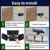 Installation steps for a 4-head solar motion sensor flood light showing mounting and operation.